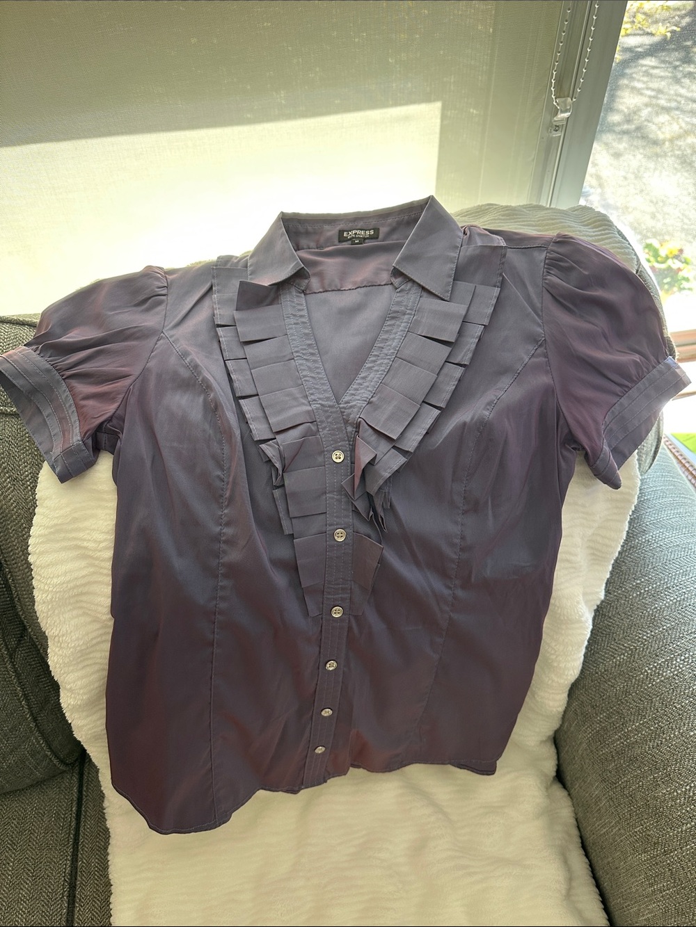 Express Women's Iridescent Purple Ruffle-Trim Button Down Shirt